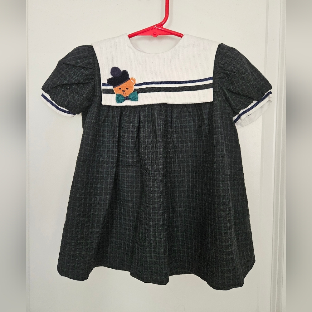 Good Lad Black Plaid Dress with Bear Detail